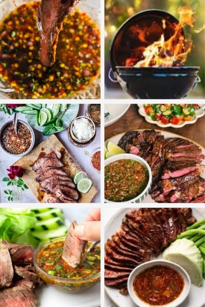 image008 Close-up of a piece of beef being dipped into a chunky, colorful salsa in a white bowl; herbs and corn visible in the background.