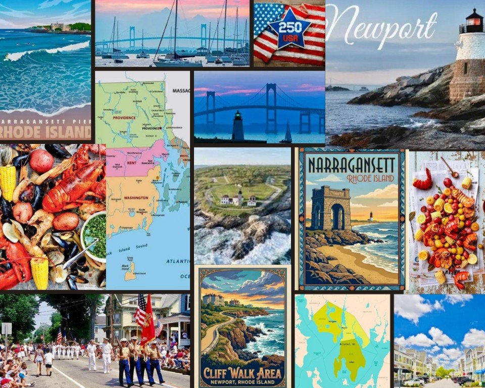 Collage promoting Rhode Island with beaches, lighthouses, maps, and seaside towns like Newport and Narragansett