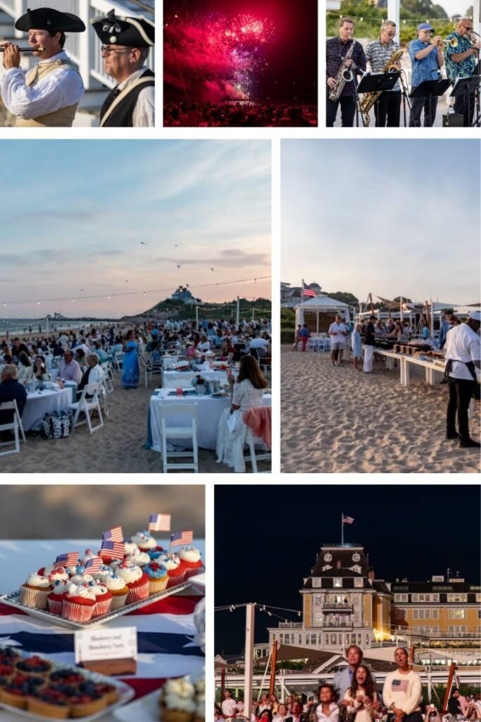 Beachside celebration collage: musicians, fireworks, and a brass band above a seaside banquet with guests; dessert table and evening harbor scene.