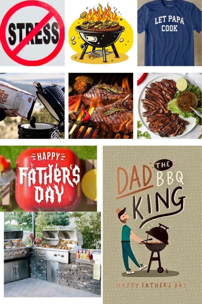 image010 Collage of BBQ and Father’s Day themes: grill, ribs, and a 'Let Papa Cook' shirt with Father’s Day visuals.