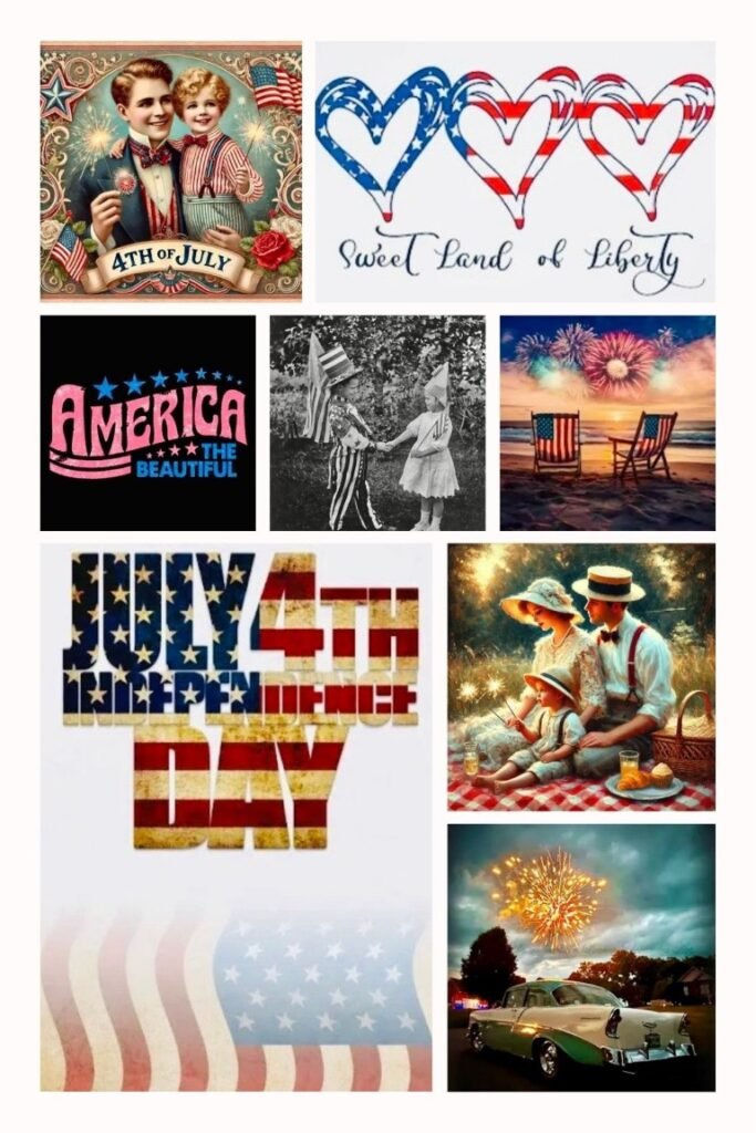 Patriotic collage of July 4th imagery: vintage couple with banners, flag-hearted designs, kids with flags, beach chairs with fireworks, and a classic car with sparks tails.