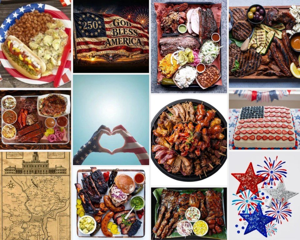 Collage of American foods and patriotic symbols for Independence Day: hot dogs, BBQ platters, ribs, a flag cake, fireworks, and a flag heart gesture.