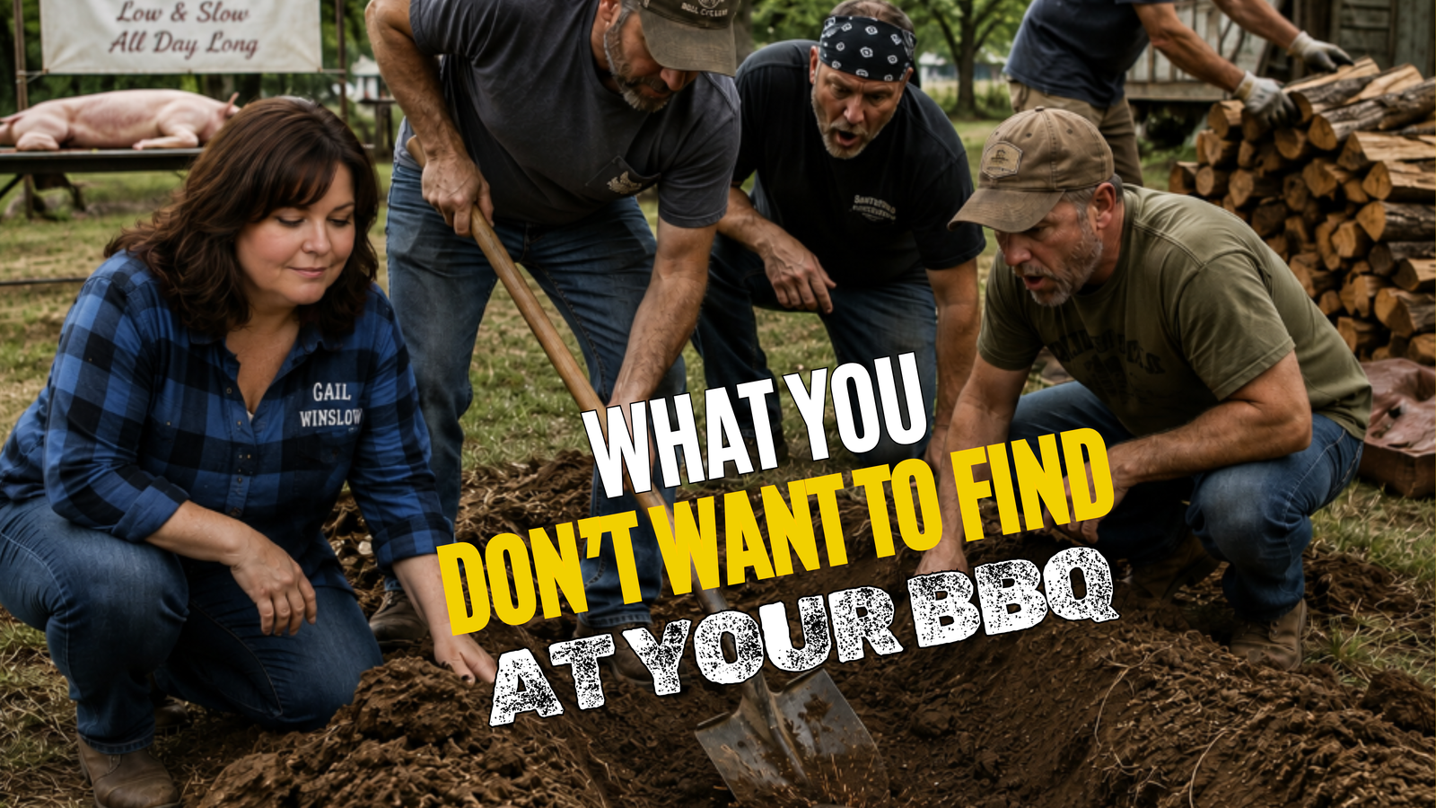 Group of adults digging in dirt with shovels outdoors; a wood pile and banner are in the background, with bold overlay text about what you don't want to find in BBQ imagery.