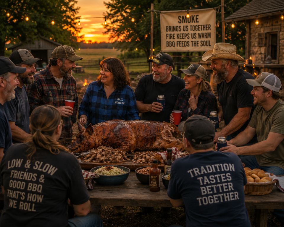 Group of friends gathered around a whole roasted pig on a picnic table outdoors at sunset, sharing a barbecue feast and drinks.