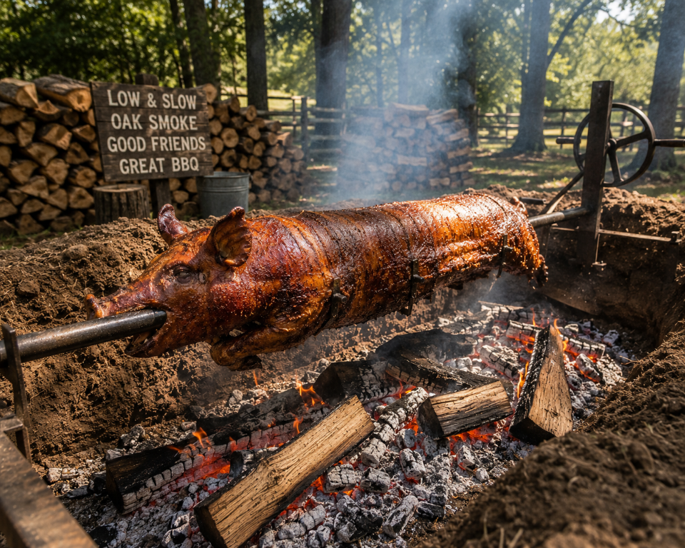 Whole roasted pig on a spit over an open fire, smoke rising, with a sign reading 'Low & Slow Oak Smoke Good Friends Great BBQ' in the background.
