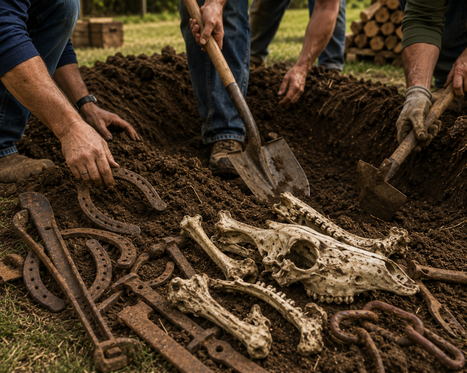 People dig in a dirt grave with shovels as a skeleton and bones lie exposed nearby among rusty tools in the soil.