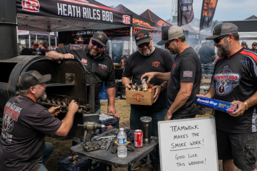 Group of men in BBQ shirts work on a large smoker at an outdoor booth labeled Heath Riles BBQ.
