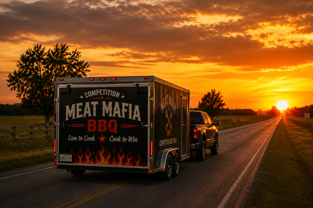 Tow or trailer pulling a Meat Mafia BBQ competition trailer on a rural road at sunset with a fiery sky. Carrying branding and flames graphic on trailer door.