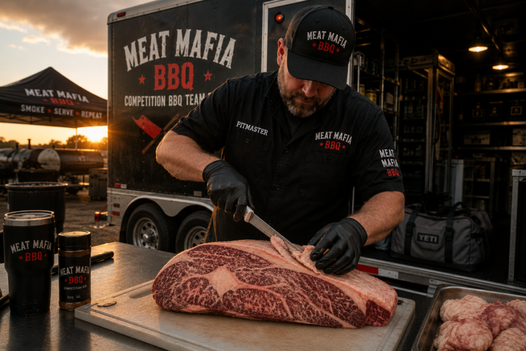 Butcher in Meat Mafia BBQ cap and shirt slices a large raw ribeye on a cutting board beside a Meat Mafia BBQ trailer at sunset.
