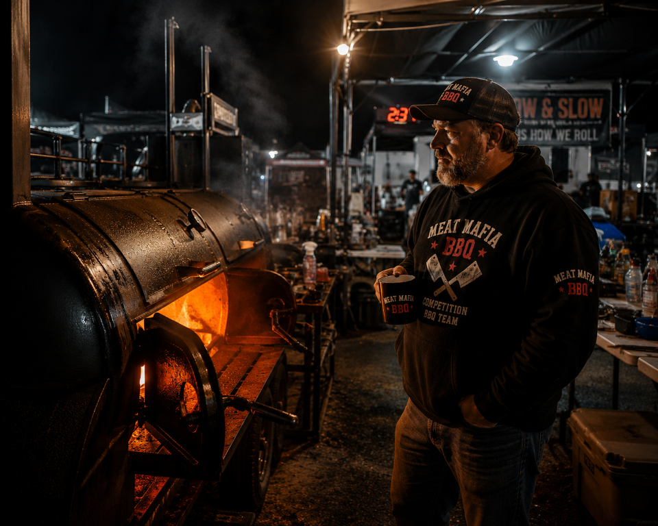 Man in a Meat Mafia BBQ hoodie stands beside a large, glowing smoker at a night barbecue competition.