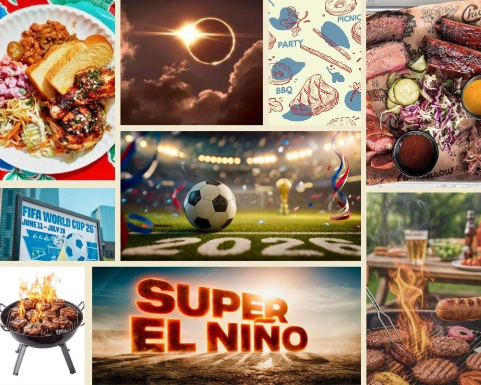 image002 Collage of food, sports, and barbecue scenes: plate of mixed foods, eclipse, BBQ illustration, grilled meats, World Cup banner, soccer stadium, 'SUPER EL NINO' graphic, flaming grill, outdoor barbecue.