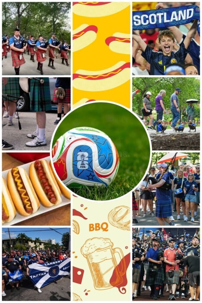 image003 Collage of outdoor events including pipers in Scotland, a football/soccer ball at center, and people walking hot dog stands, BBQ, and parades.