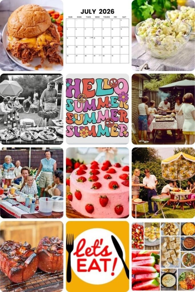image004 Collage of summer foods and outdoor gatherings: burgers, salads, BBQ, desserts, and people enjoying a sunny meal with a July 2026 calendar.