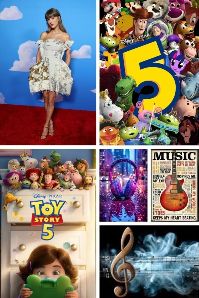 image006 Collage of pop culture images: a woman in a white dress posing on a blue sky background, Toy Story 5 poster, a large 5 with Disney characters, purple headphones, a music-themed poster, and a treble clef with musical notes.