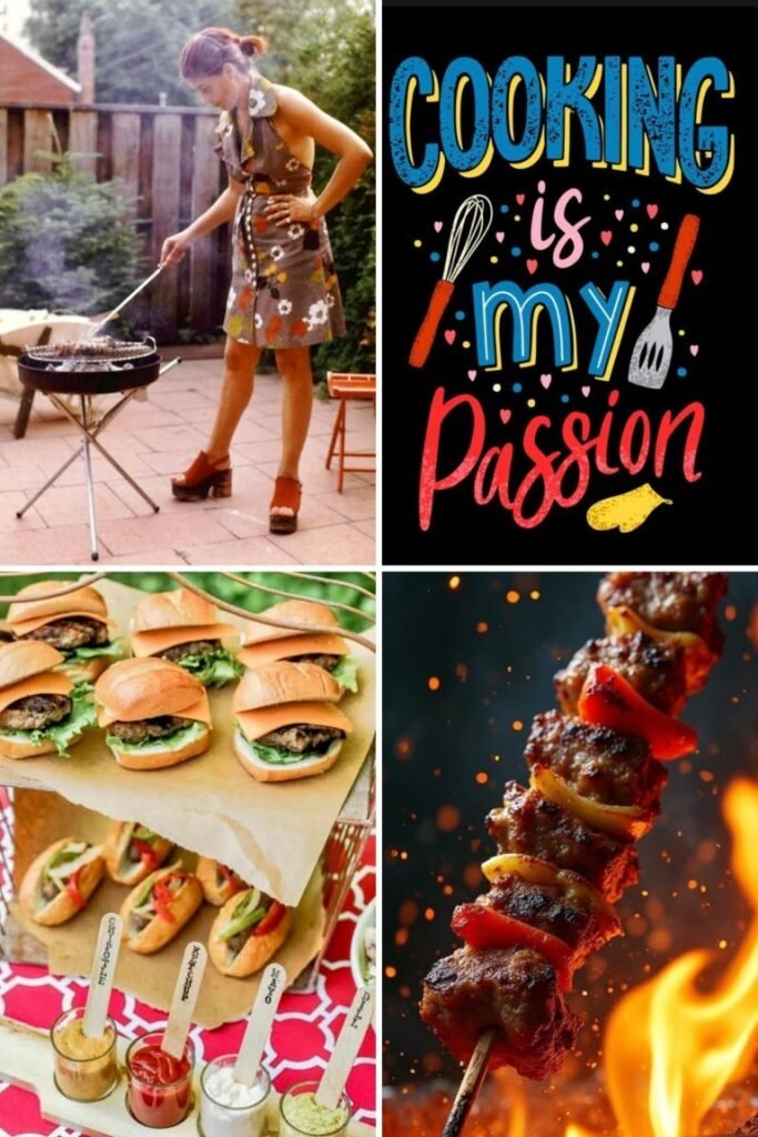 image008 Woman grilling outdoors on a barbecue in a backyard, wearing a floral dress and orange sandals.