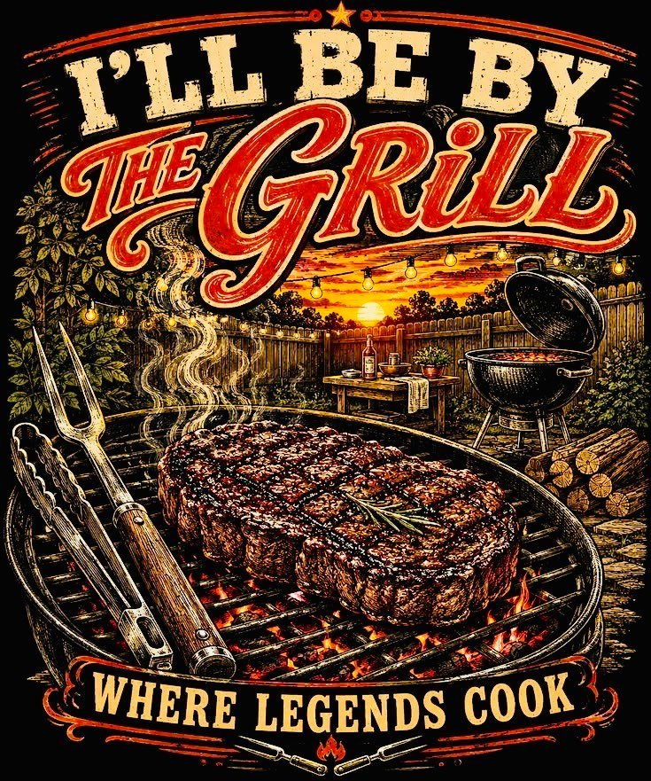 image010 Vintage-style poster showing a large steak grilling on a barbecue with a sunset backyard scene and the text 'I'll Be By The Grill' and 'Where Legends Cook'.