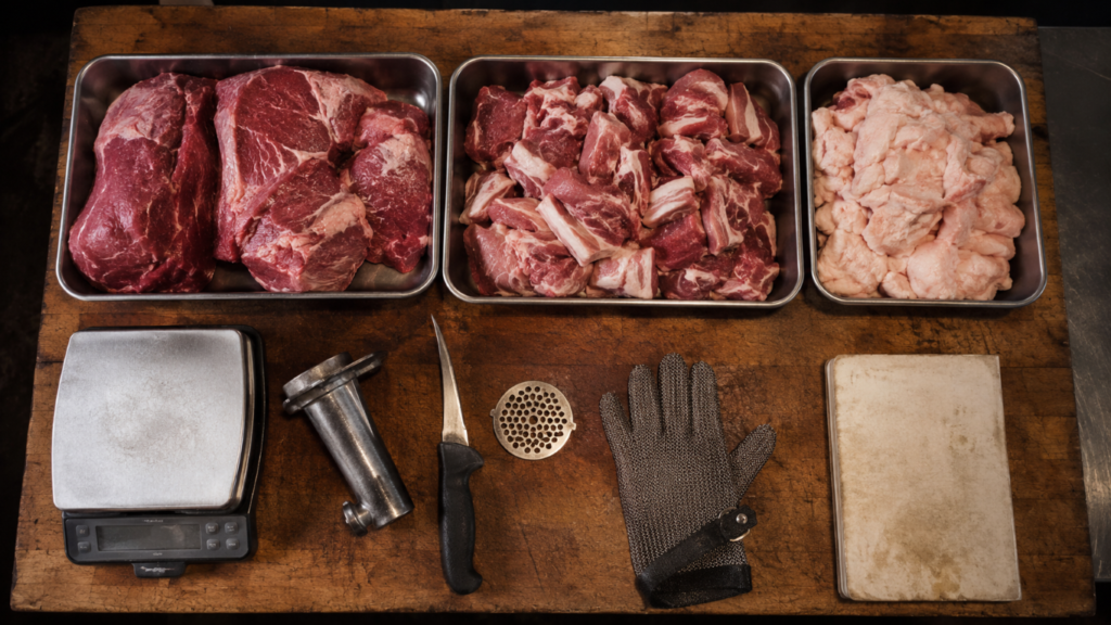 Balancing meat and fat Three metal trays of raw meat (large cuts, diced chunks, and pale offal) arranged on a wooden butcher’s table, with a scale, meat mallet, knife, grinder plate, glove, and a notebook nearby.