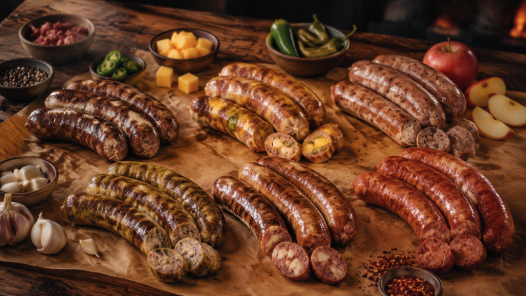 Creative sausage varieties Assorted grilled sausages on parchment with bowls of peppers, cheese cubes, garlic, and apple slices on a rustic wooden table.