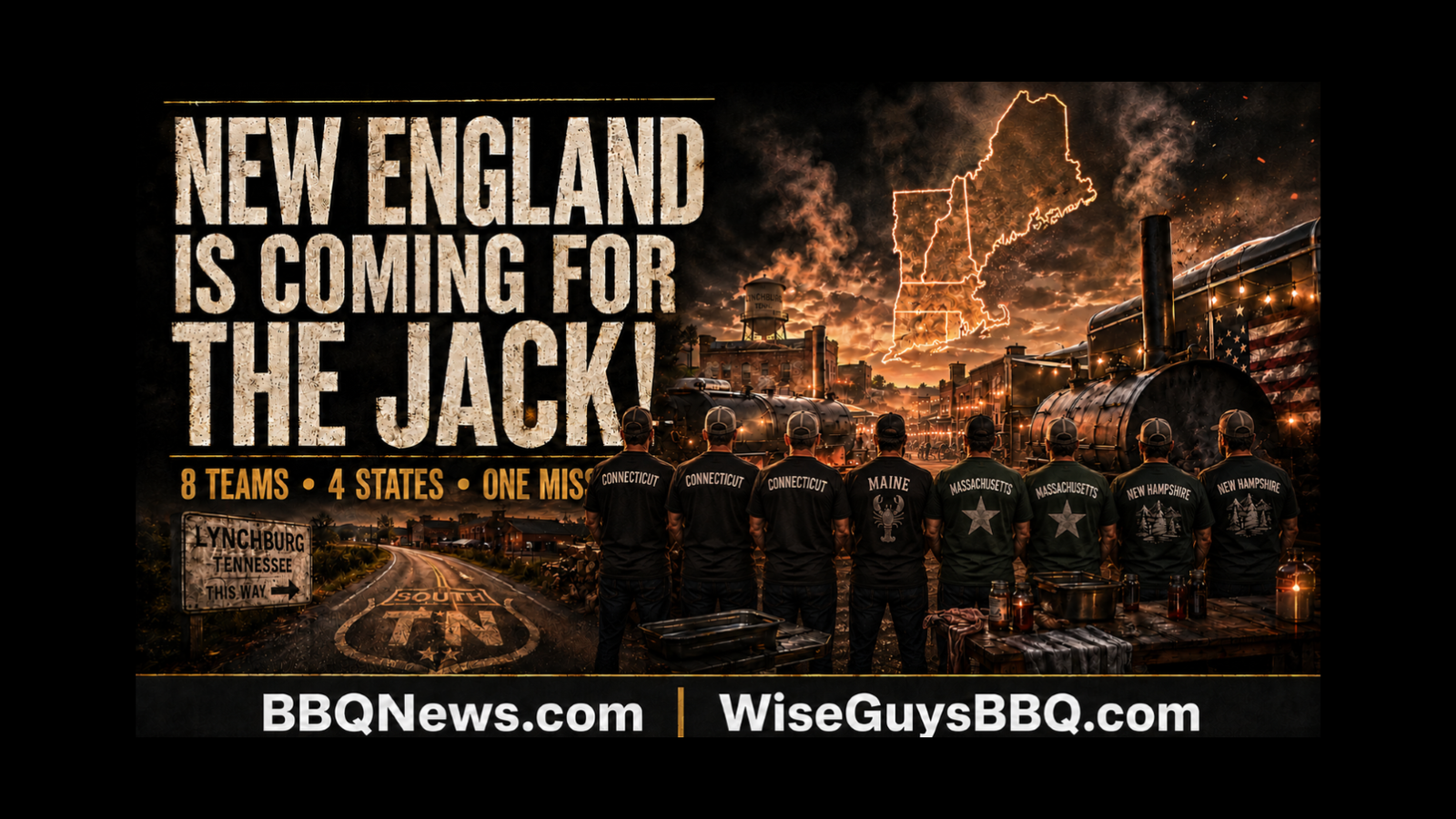 Jack_2026_011 - BBQ News Poster-style image with bold text announcing 'New England is coming for the jack' against a fiery background and a row of men wearing 'Connecticut' and other state names, a map outline of New England, and a BBQ/industrial frontier scene.