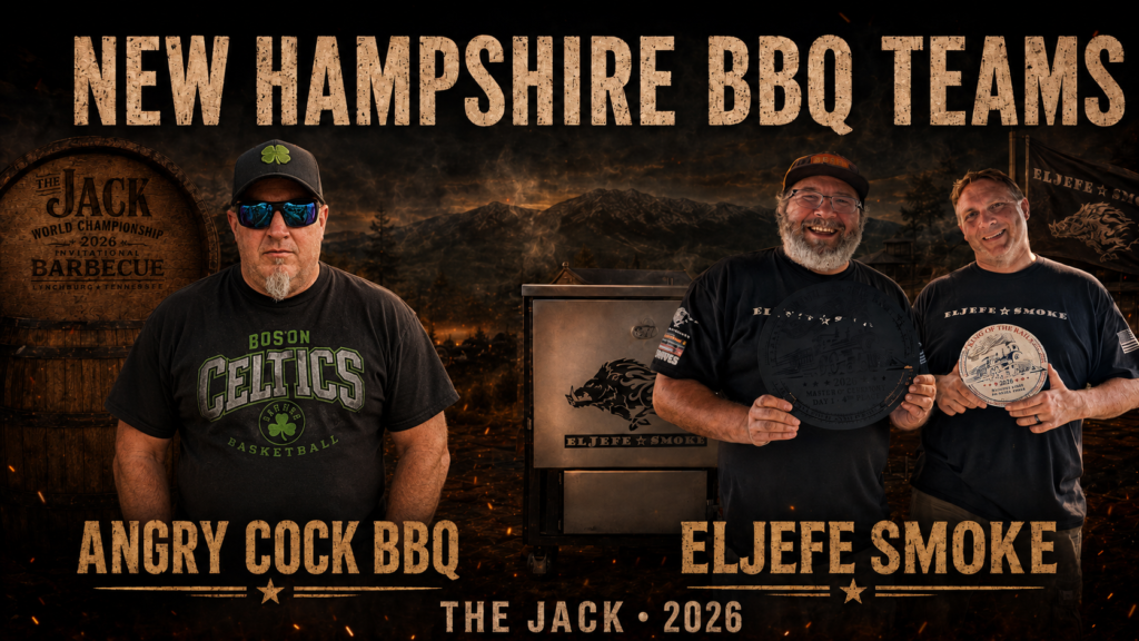 NH Replace Promotional banner for New Hampshire BBQ Teams with three pitmasters posing in front of a smoker, showing team names Angry Cock BBQ and Eljeffe Smoke and the event title.”