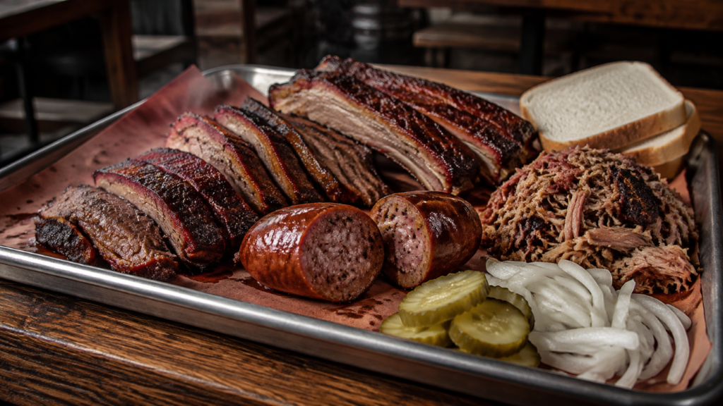 Sausage as the star of the tray Barbecue platter with sliced smoked brisket, sausage, pulled pork, onions, pickles, and stacked white bread on a metal tray.