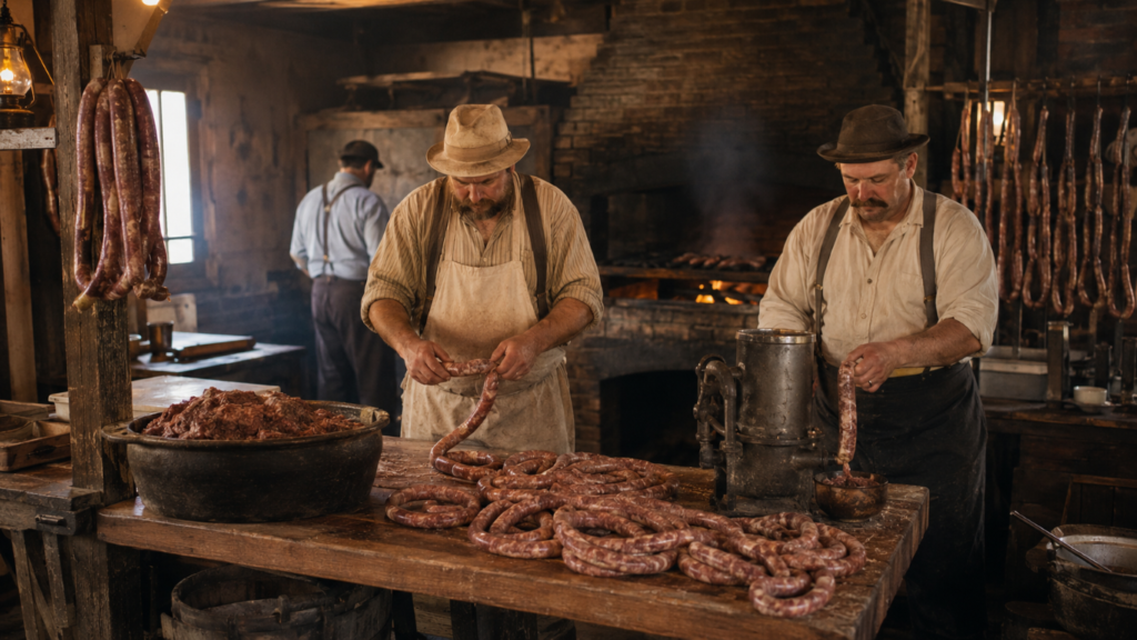 Sausage-making history Two butchers in a rustic kitchen twist sausages by hand, with long coils on a wooden table and a meat tub nearby.