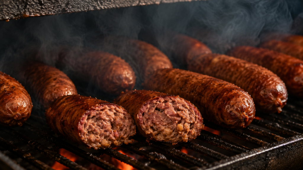 Smoked-sausage closing image Close-up of juicy sausages browning on a barbecue grill with wisps of smoke above them.