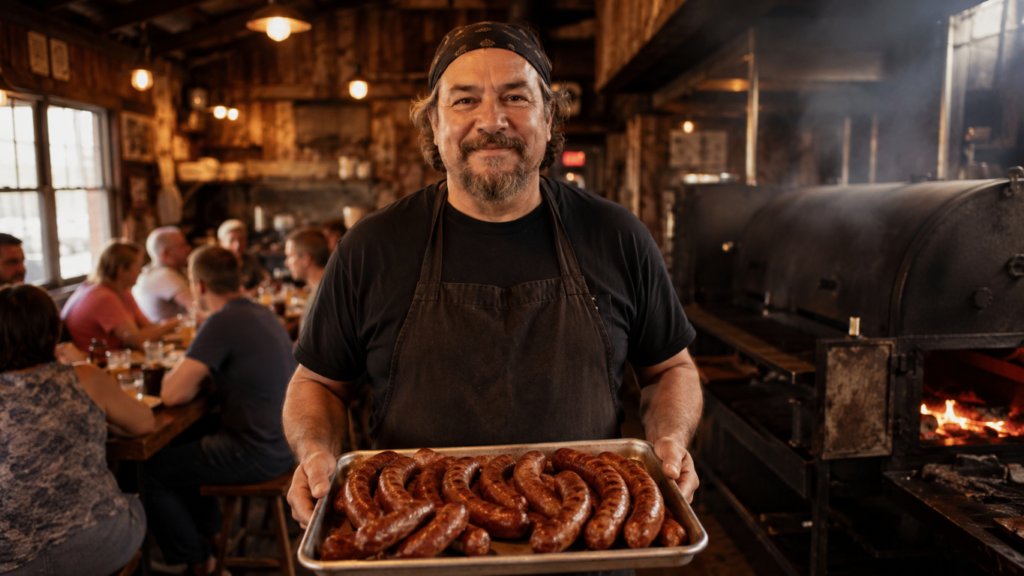 The restaurants signature sausage Smiling cook in a black shirt and apron presents a tray of curved sausages in a rustic kitchen with a large grill in the background.