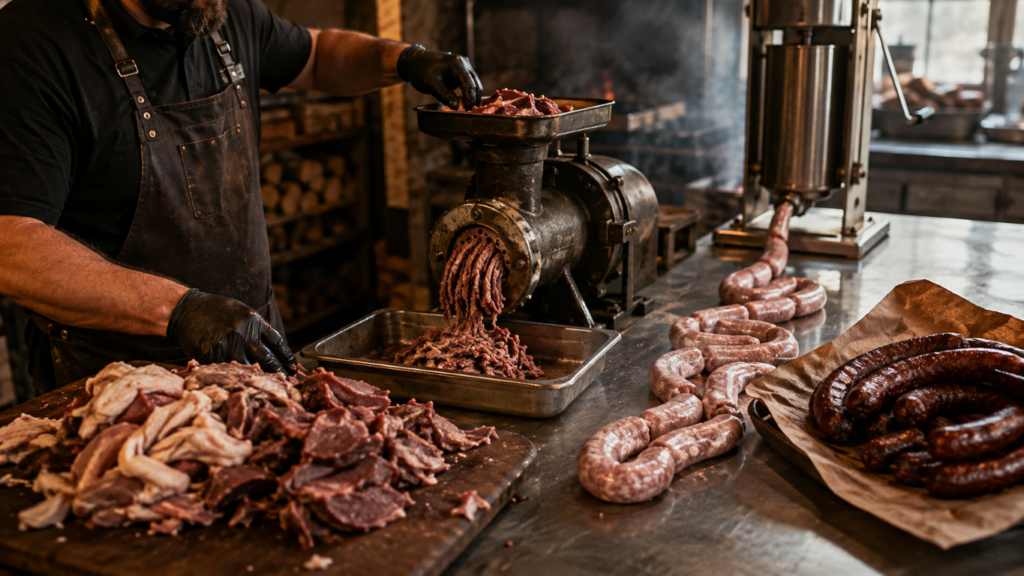 Turning trim into revenue Butcher in a black apron grinds meat into a tray under a meat grinder on a stainless table.