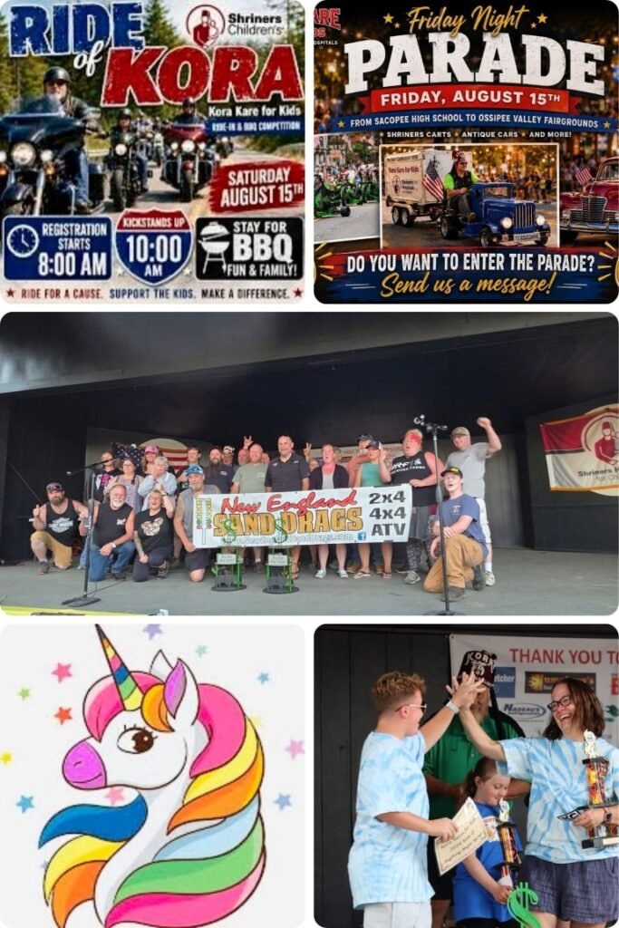 Collage of community event posters and photos: motorcycle charity event, parade poster, group stage photo, colorful unicorn illustration, and an awards ceremony scene.