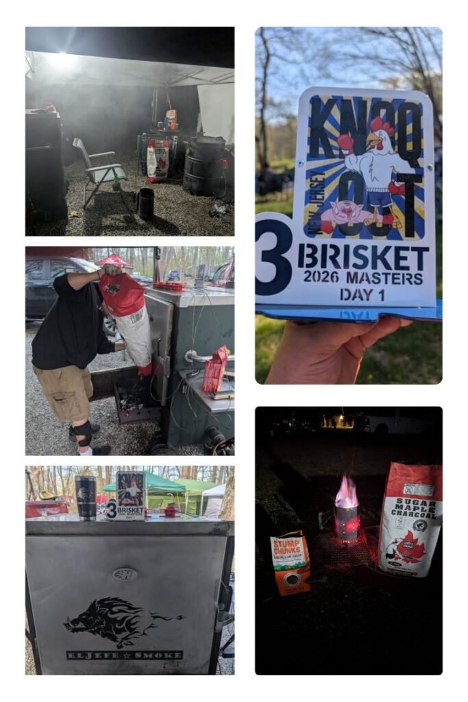 Outdoor cooking setup with a smoker, propane tank, and a chair under a canopy at night. (informative)