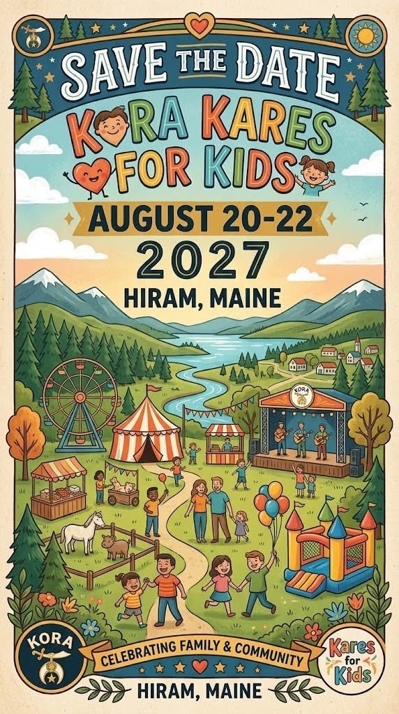 Colorful festival poster for Kora Kares for Kids in Hiram, Maine, August 20–22, 2027, with mountains, ferris wheel and tents in a valley scene.