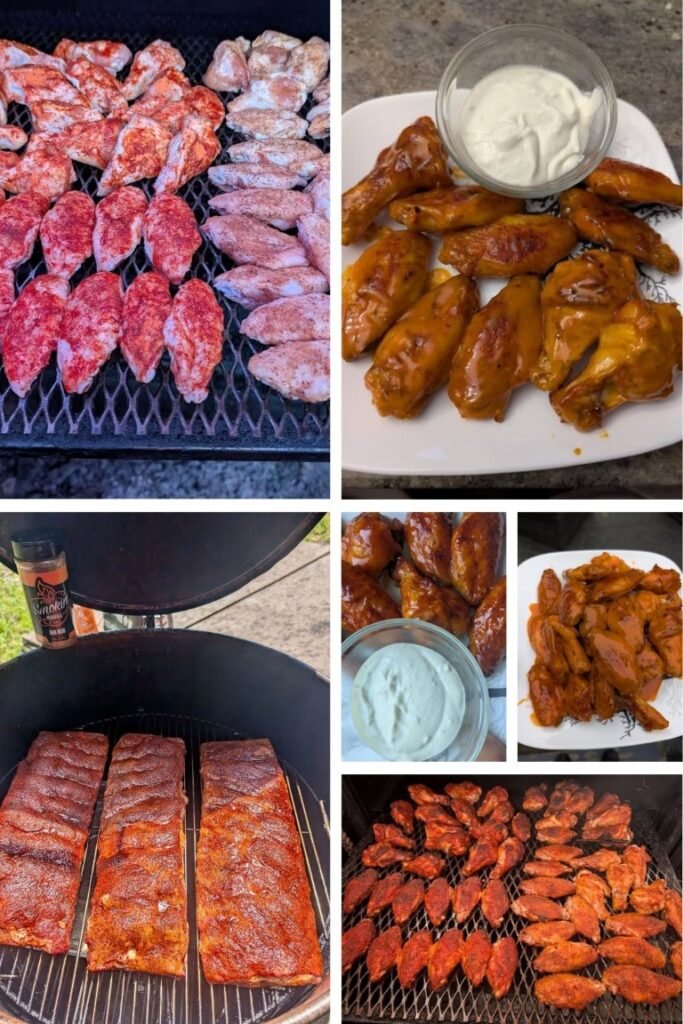 Assorted barbecue: marinated wings, ribs, and chunks of meat grilling on a barbecue grill with sauces and dips nearby