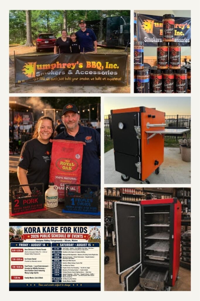 Collage of a barbecue event: people at a 'Humphrey's BBQ' booth with a banner, sauce jars, a large orange smoker, and a 'Kora Kare for Kids' event sign and schedule poster.