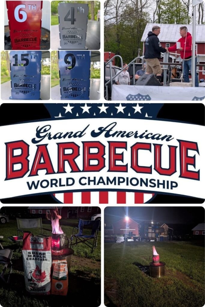 Collage from the Grand American Barbecue World Championship showing trophy plaques for 6th, 4th, 15th, and 9th, plus a stage handshake and a large event logo backdrop.