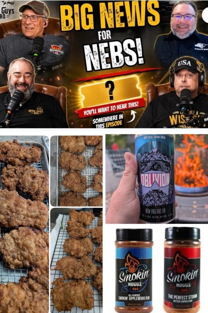 Collage of a podcast thumbnail with four men speaking into microphones and bold text 'BIG NEWS FOR NEBS!', plus separate food images including fried chicken, a blue-labeled can, and two spice jars labeled 'SmokinHoggz'.