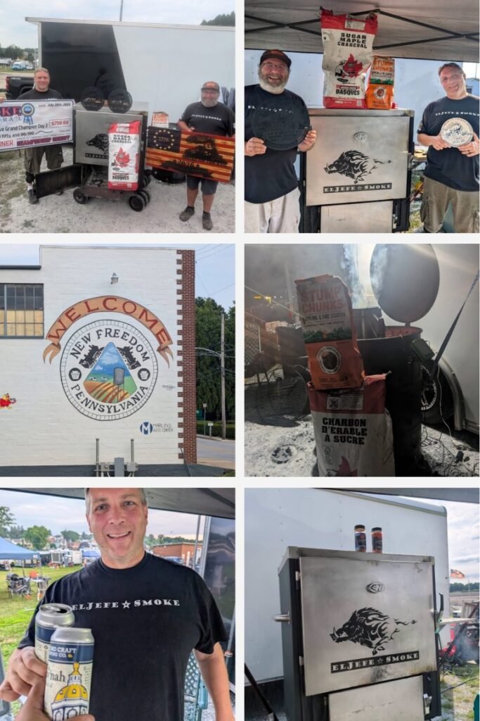 collage of men at a barbecue event with smokers, grills, and fuel bags shown outdoors on a sunny day
