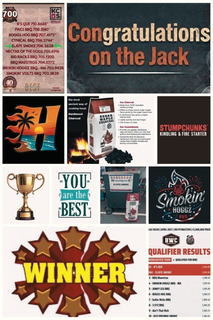 Collage of barbecue competition visuals including a winner banner, trophy image, 'Congratulations on the Jack' sign, and various BBQ brand posters and awards.