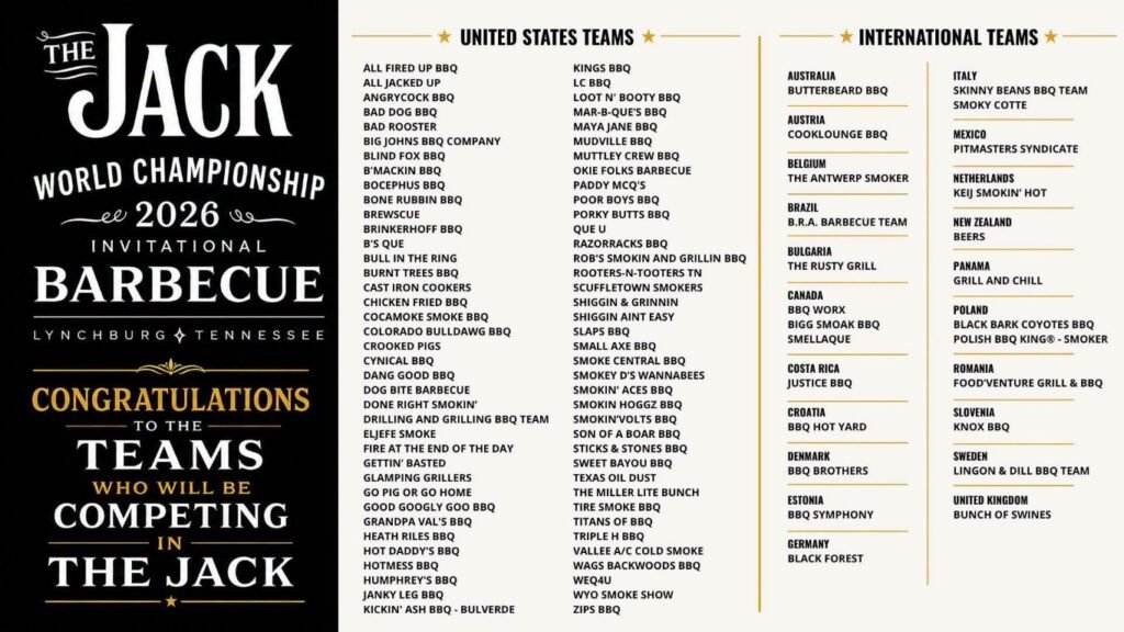 Promotional poster for The Jack World Championship Invitational Barbecue 2026, showing US and international team lists slated to compete.