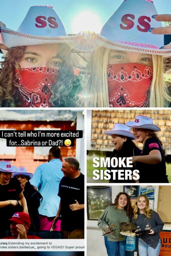 Collage of four photos: two women wearing white cowboy hats with 'SS' and red bandanas over their faces, sunlit; a group of people chatting outdoors wearing matching shirts; two women wearing cowboy hats with 'Smoke Sisters' text; two young women indoors holding trophies and smiling.