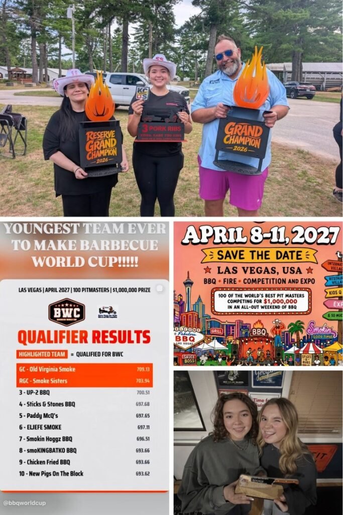 Three winners pose outdoors with flaming trophy plaques, holding their BBQ prizes. Below are BBQ event posters and results banners (collage).