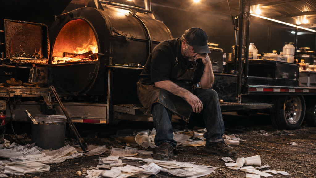 Worker in apron sits on his heels beside a large glowing smoker, with papers and cups scattered on the dirty ground.
