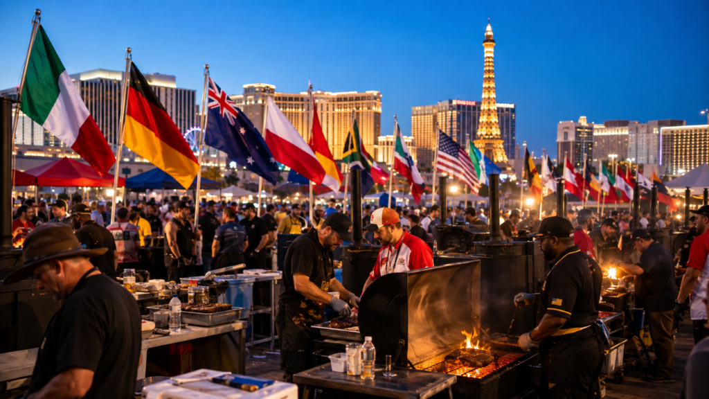 Night scene at an international food festival on the Las Vegas Strip, dozens of flagpoles with country flags, chefs grilling over open flames, crowded tables and tents against a lit skyline.