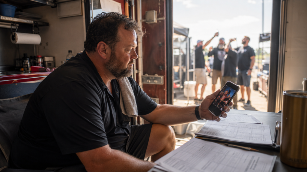 Man in black shirt sits at a work table inside a trailer, glancing at his phone with documents laid out nearby while a group celebrates outside.