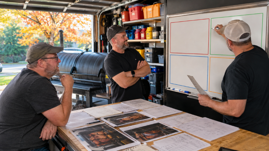 Three men in a trailer workshop discuss a barbecue project, reviewing sketches and photos laid out on a wooden table with a smoker in the background.
