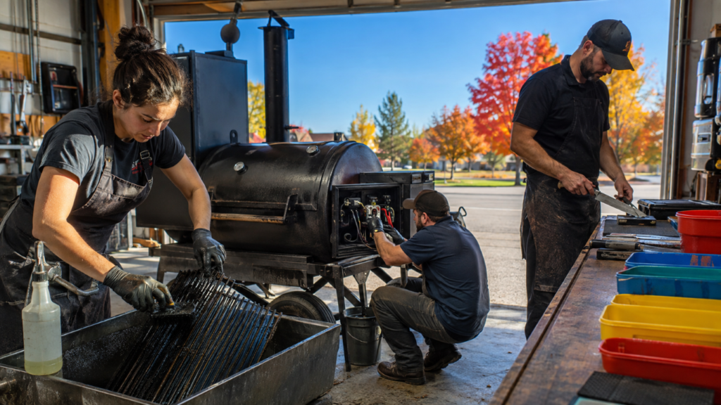 Three workers in a workshop cleaning a large outdoor charcoal smoker, autumn trees visible outside the open bay door.
