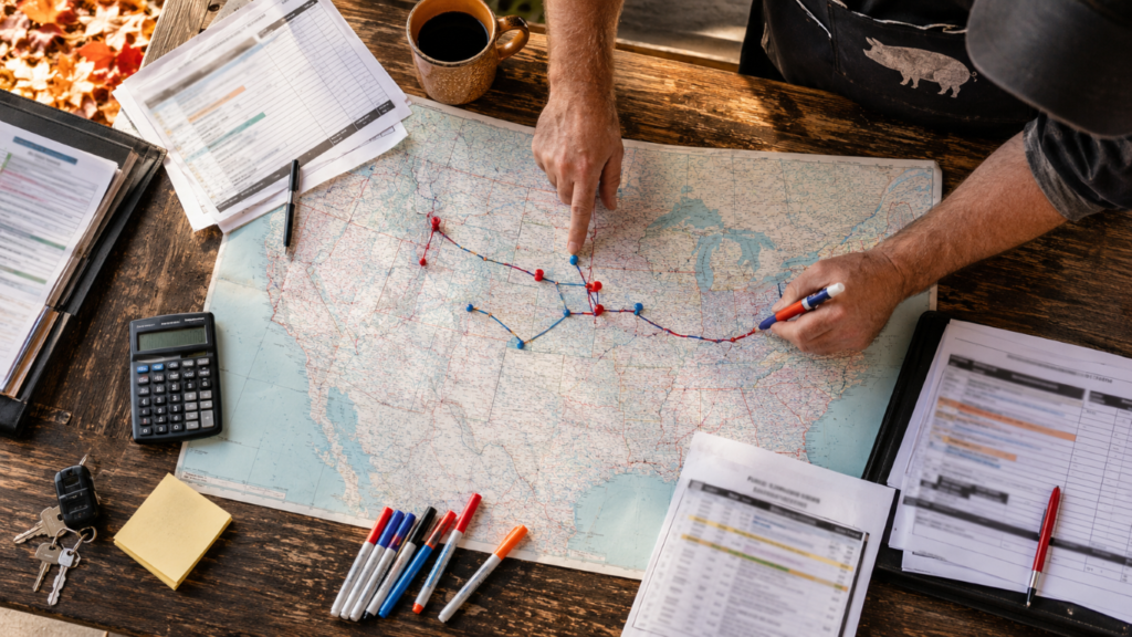 Two people trace a red route with pins across a large road map on a wooden table, surrounded by documents and pens.