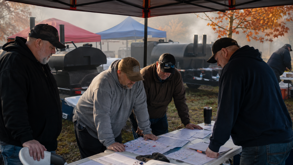 Four men under a canopy study printed maps on a table at an outdoor event in autumn.