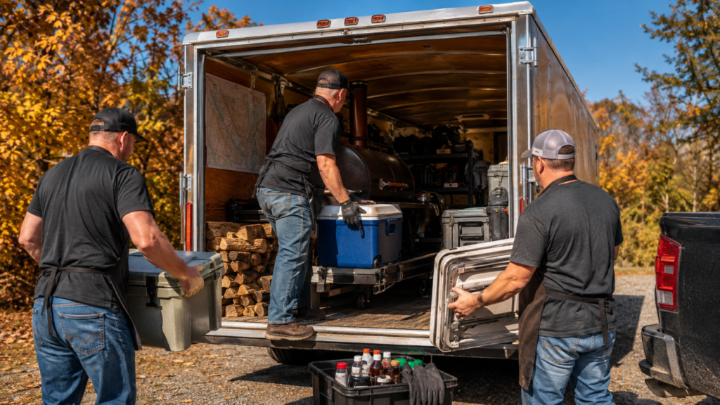 Three men load gear into a trailer: cooler, tools, and a stack of firewood on a sunny autumn day.