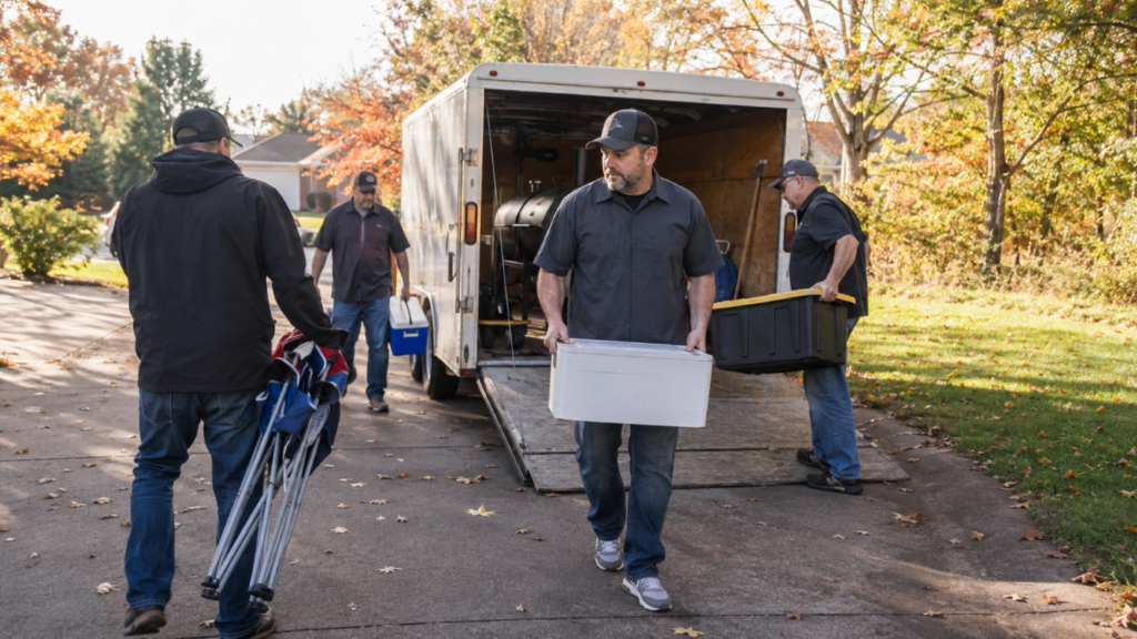 Moving crew unloads a white truck in a fall neighborhood, carrying coolers and plastic bins.